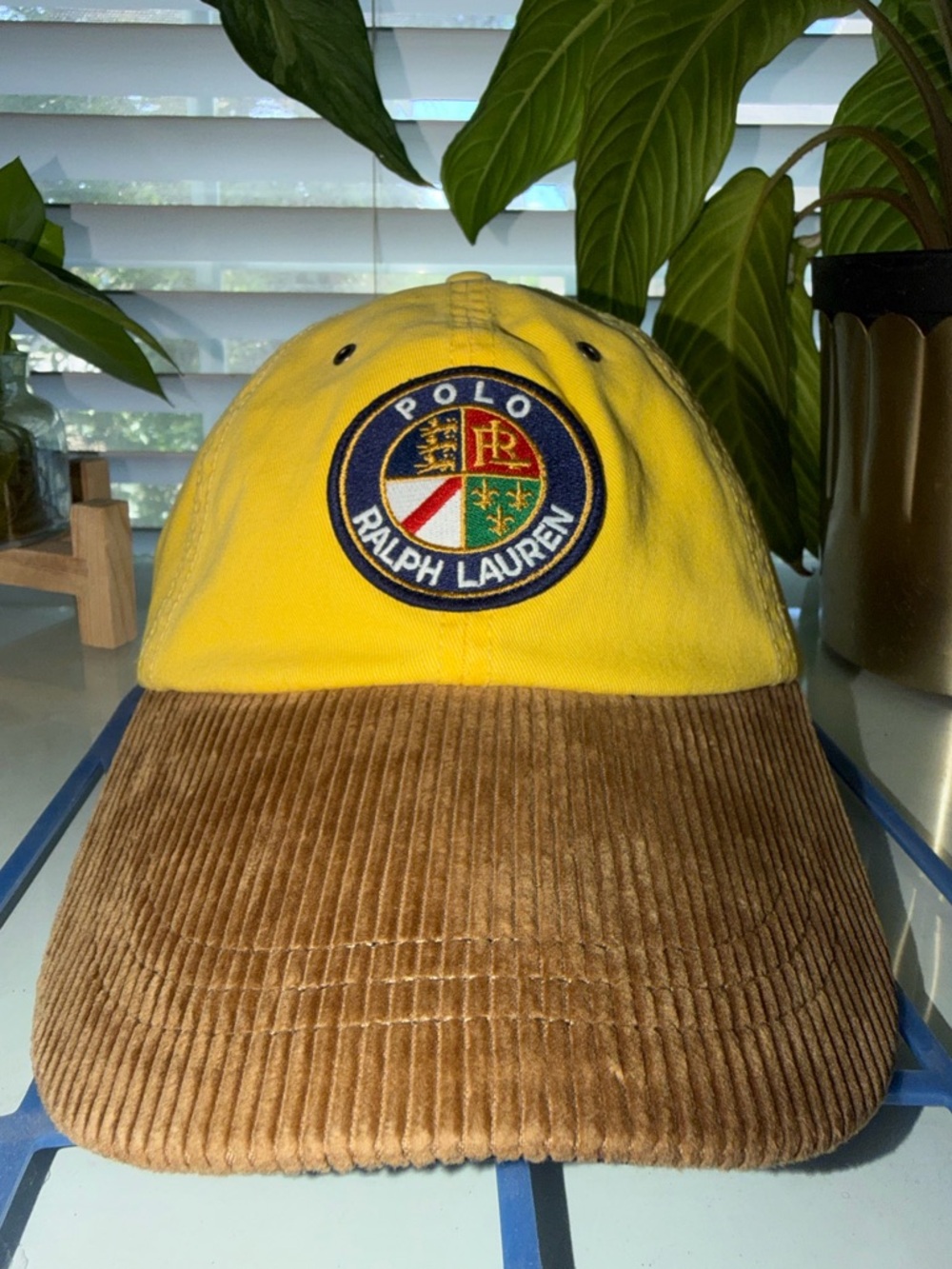 Vintage Ralph Lauren Yellow Baseball Cap w/ Crest Patch and Brown Corduroy Brim